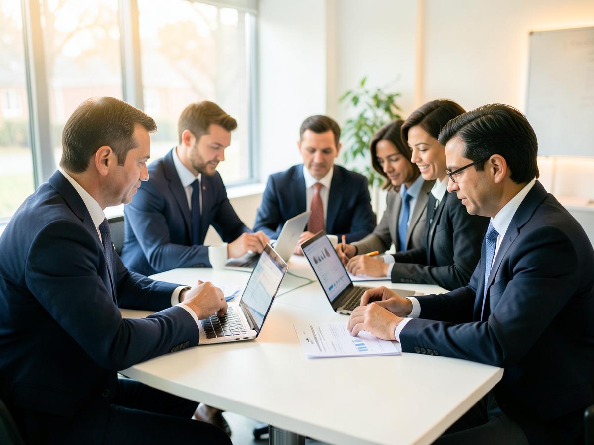 Business professionals studying on laptops in a bright training room