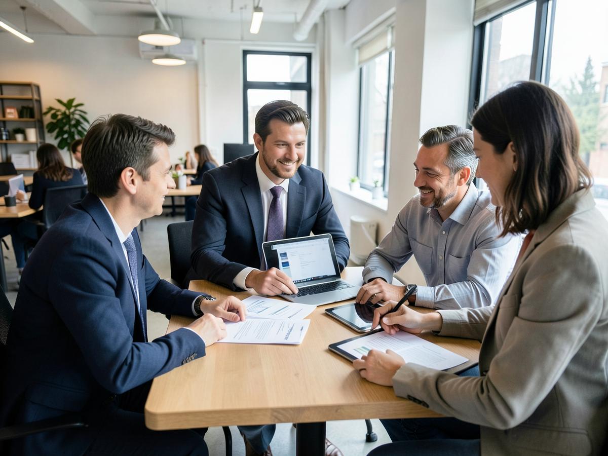 Business professionals working through course notes together around a table